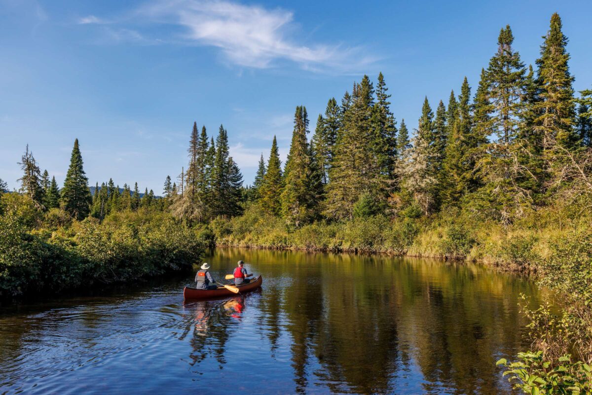 Two paddlers in a canoe on the Magalloway River