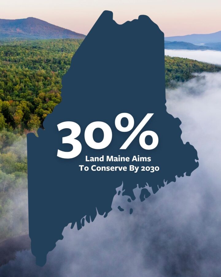 An infographic showing the 30% goal to conserve the State of Maine's lands