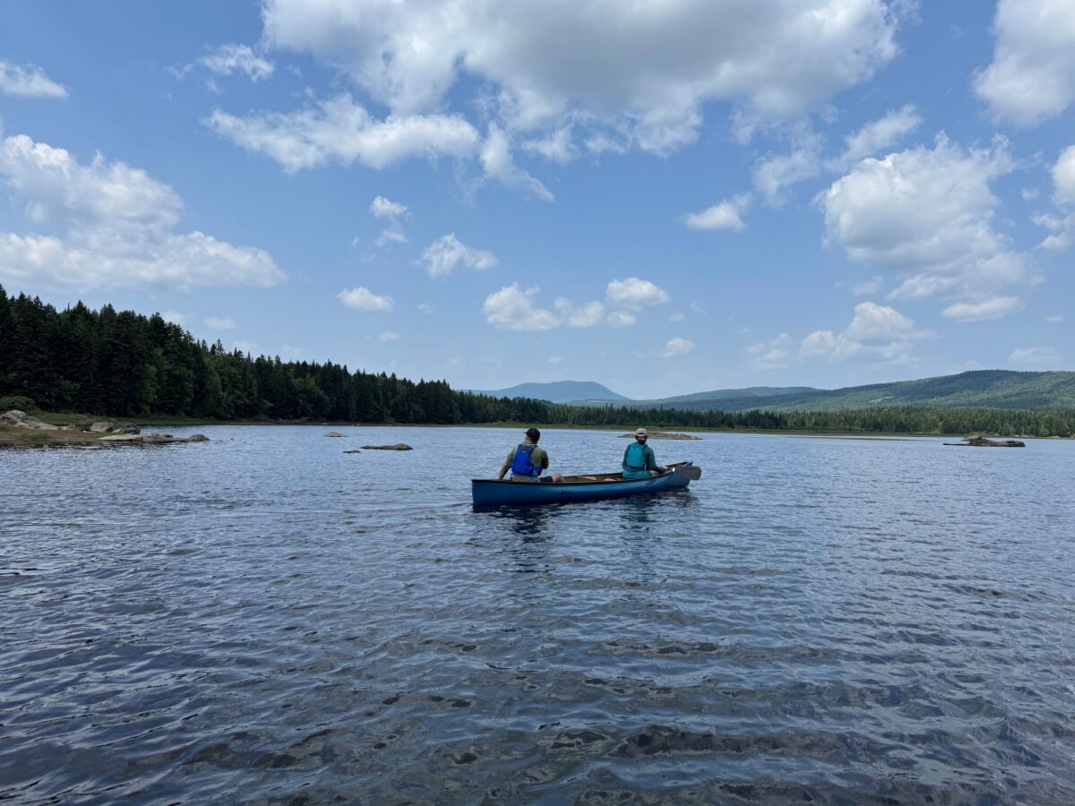 Two paddlers in a green canoe on upper Aziscohos Lake